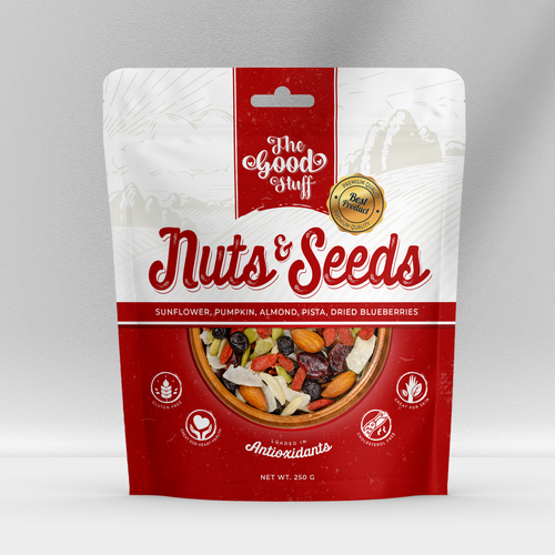 Nut packaging with the title 'Packaging Design for The Good Stuff - Nuts & Seeds'