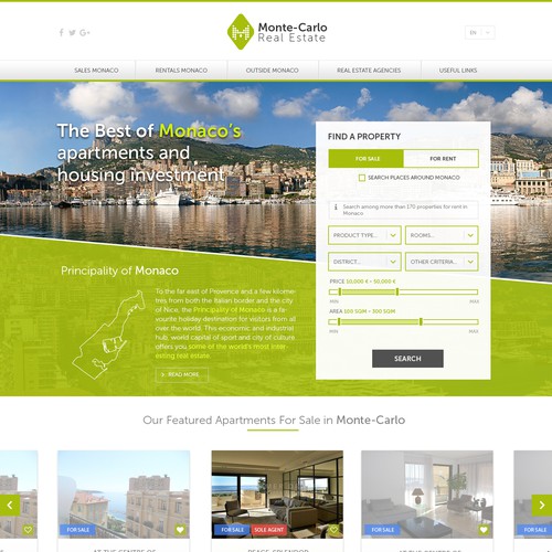 Green website with the title 'Monte-Carlo Real Estate - Homepage '