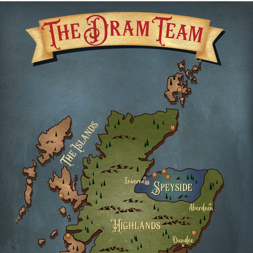 Map artwork with the title 'Custom map of Scottish distilleries '