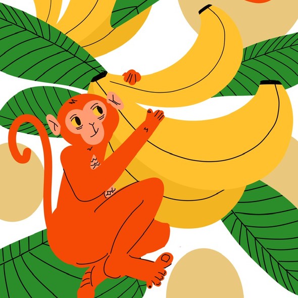 Monkey illustration with the title 'monkeys and bananas art'