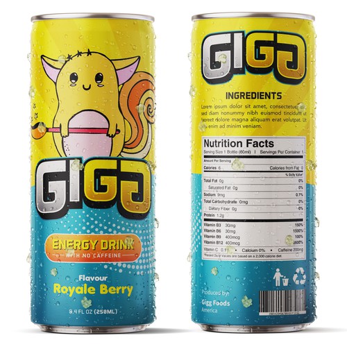 Product label with the title 'GIGG: Gaming/eSports Healthier Energy Drink'