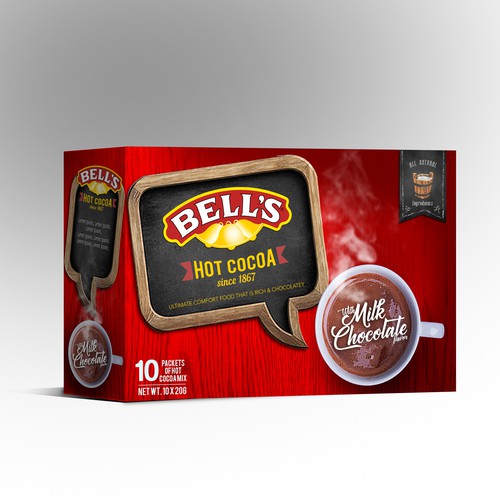 Cocoa packaging with the title 'Bells Hot Cocoa'