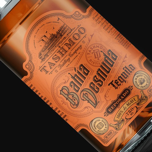 Victorian design with the title 'Bahia Desnuda Tequila label'