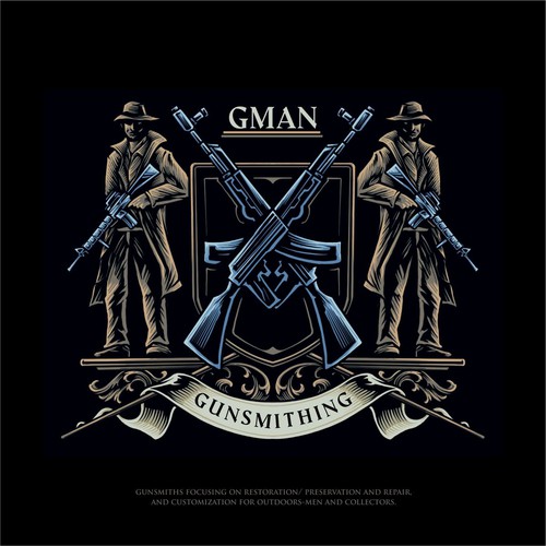 Family crest design with the title 'GMAN Gunsmithing Coat of arms family crest Logo design'