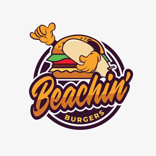 Surfboard logo with the title 'Beachin' Burgers Logo'