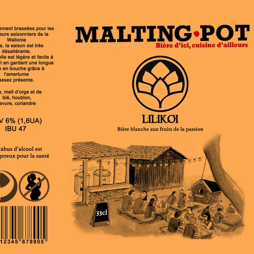 Watercolor label with the title 'Malting Pot'
