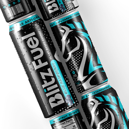 Energy drink packaging with the title 'Blitz Flue'