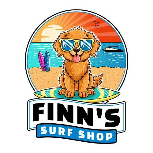 Surfboard design with the title 'Finn's Surf Shop'