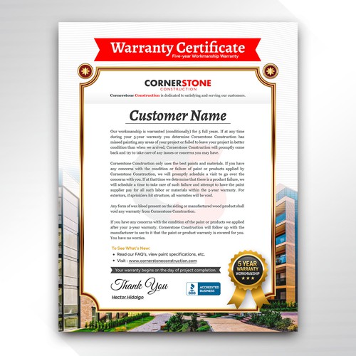 Certificate design with the title 'Warranty certificate'
