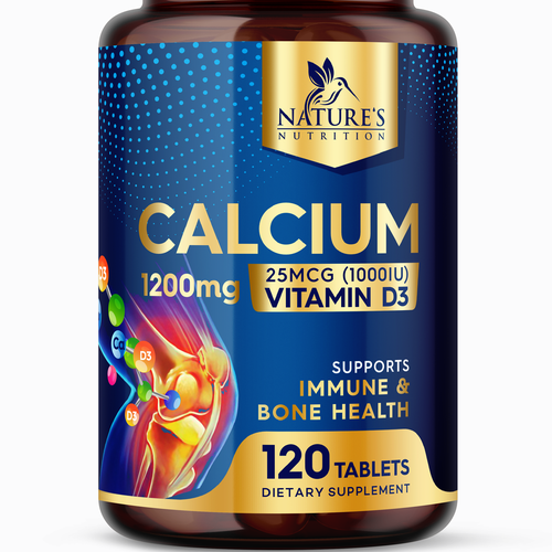 Vitamin label with the title 'Natures Nutrition Calcium + vitamin D3 supplement '