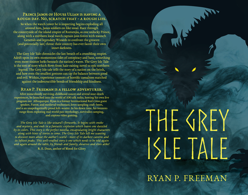 Yellow book cover with the title 'Cover design for The Grey Isle Tale novel'