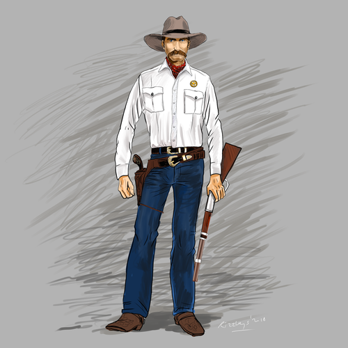 Pencil artwork with the title 'Texas Ranger Character.'
