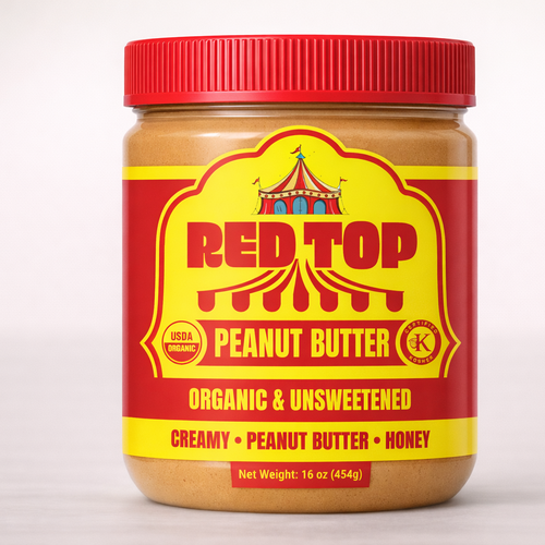 Jar label with the title 'Vintage-Inspired Branding & Label Design for Organic Peanut Butter'
