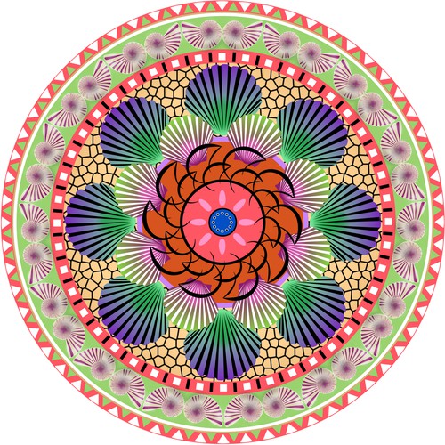 Beach artwork with the title 'Vibrant seaside themed design for rug.'