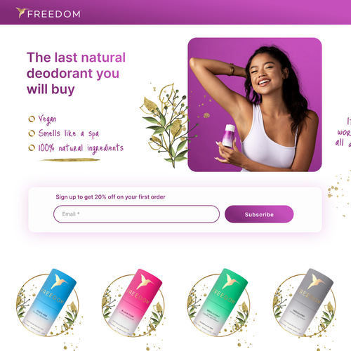 Deodorant design with the title 'Landing Page Design - Freedom Deodorant'