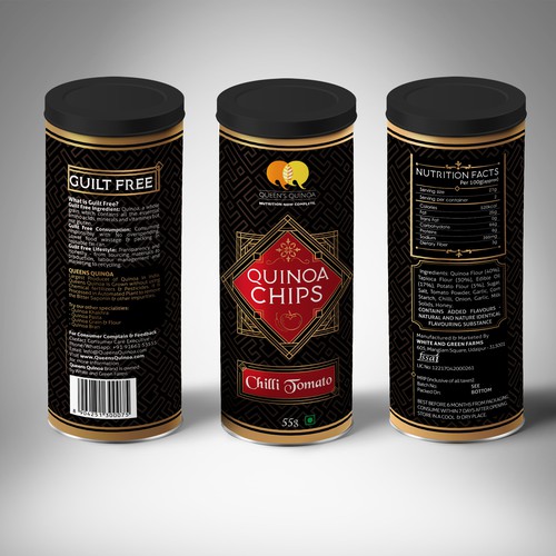Tube label with the title 'Queen's Quinoa Chips label design'
