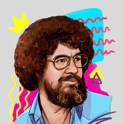 Portrait artwork with the title 'Bob Ross, painting king'