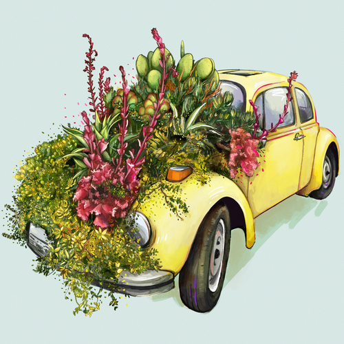 Beautiful illustration with the title 'Groovy Beetle with succulents'