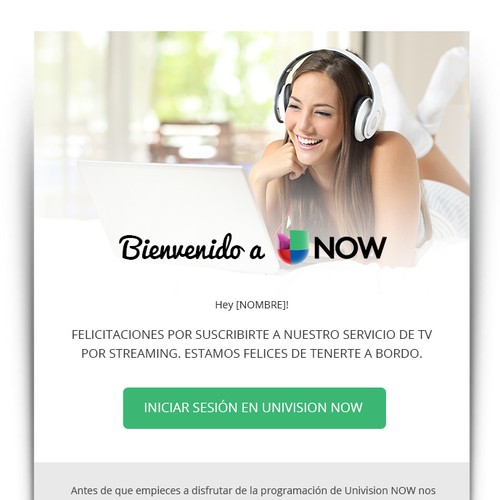 Newsletter design with the title ' Welcome Email TV streaming app, Univision NOW'