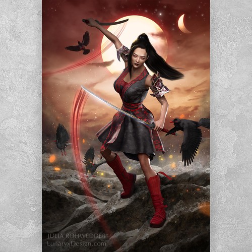 Japanese artwork with the title 'Martial Artist with Dual Swords photo & 3D illustration'