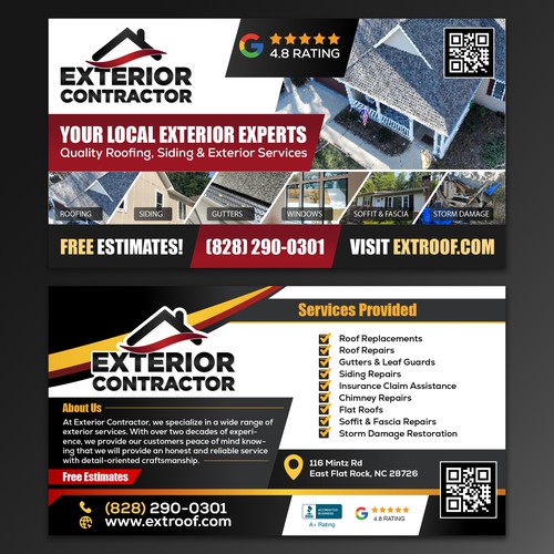 Roof design with the title 'Exterior Contractor — Roofing & Exterior Services Postcard'