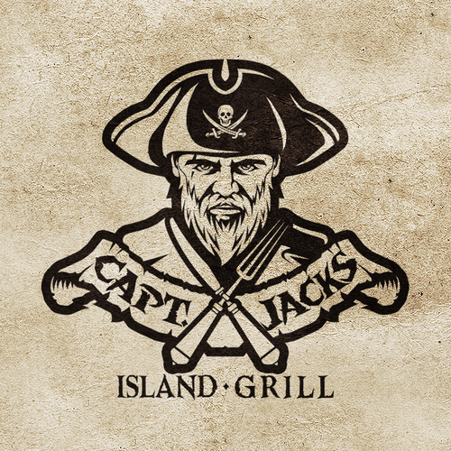 Pirate design with the title 'Capt Jacks Island Grill'