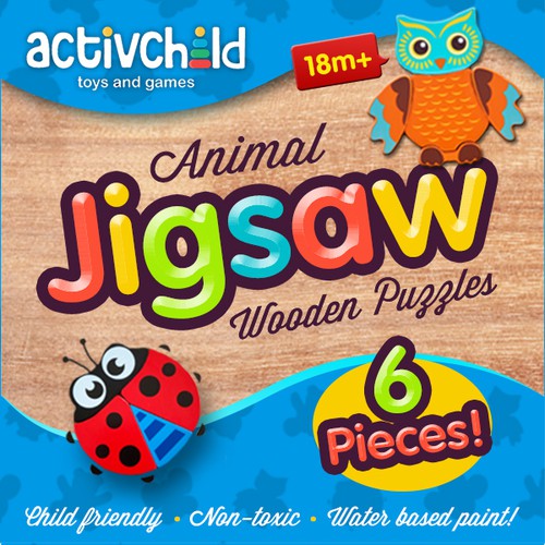 Game packaging with the title 'Children's Animal Wooden Jigsaw Puzzles Packaging Design'