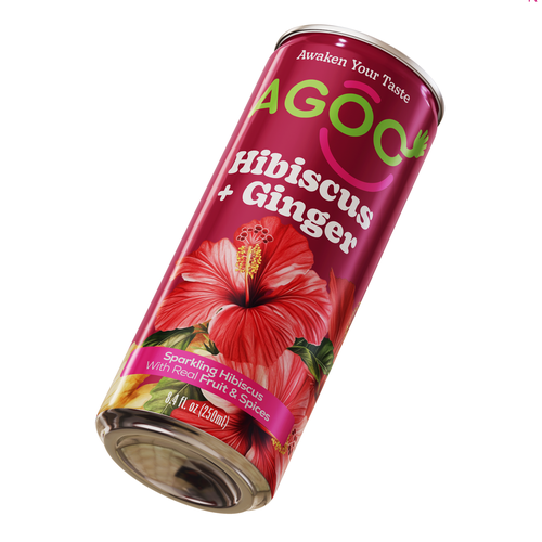 Beverage label with the title 'Agoo | Sparkling Hibiscus Beverage Can'