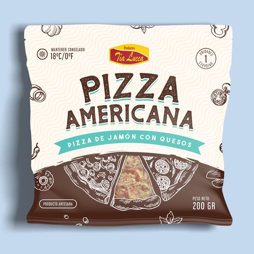 Frozen food packaging with the title 'Pizza Americana'