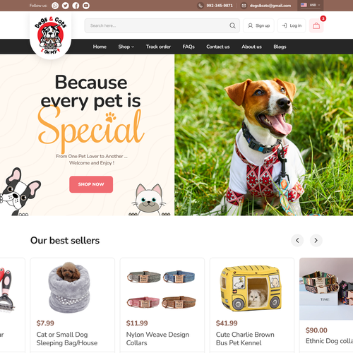 Pet shop design with the title 'Website design for a pet clothing company'
