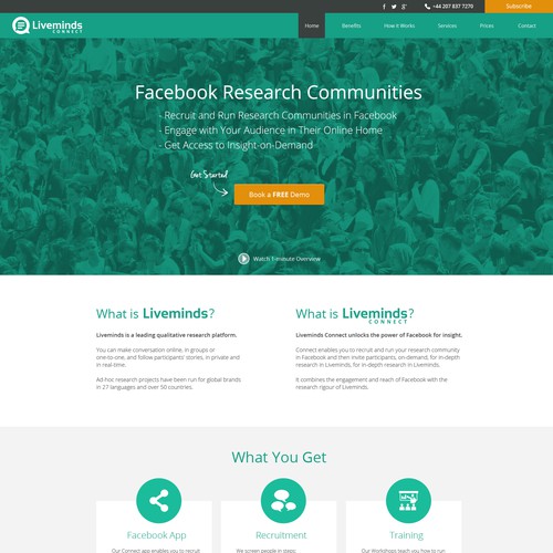 Green website with the title 'Landing Page Design for Liveminds'