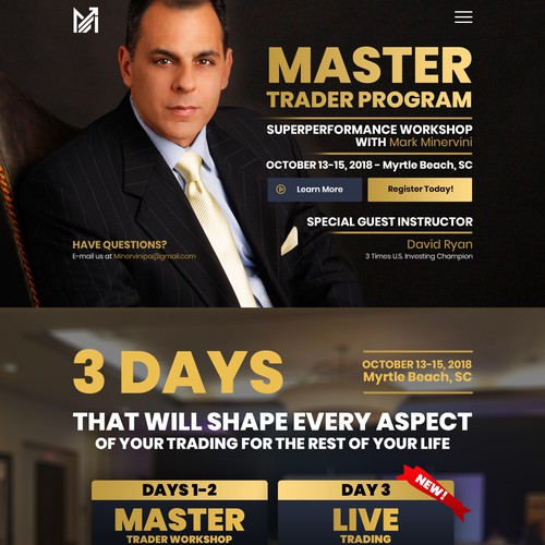 Workshop design with the title 'Master Trader Program - Superperformance Workshop with Mark Minervini'