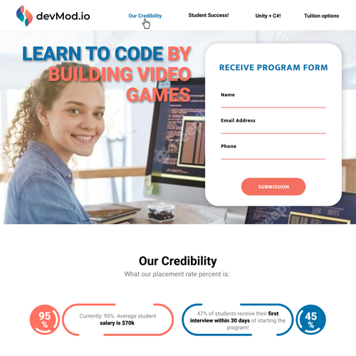Coding website with the title 'Unity Coding Bootcamp Homepage'