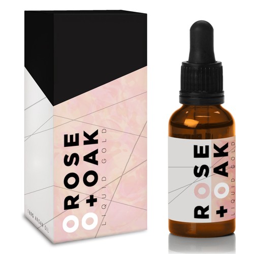 Beauty label with the title 'Rose & Oak Liquid Gold Design'