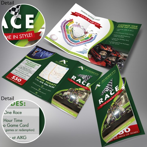 Ticket design with the title 'Andretti Indoor Karting & Games RACE tri-fold brochure'
