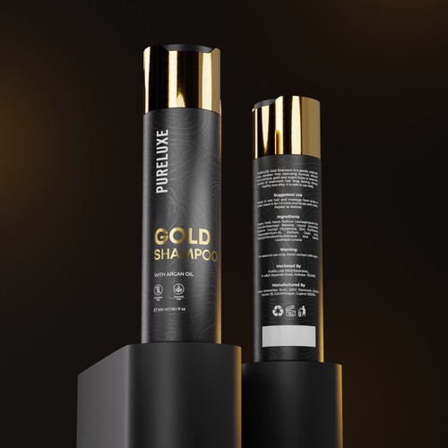 Shampoo packaging with the title 'Opulent Elegance: GOLD SHAMPOO Design Enhancement'