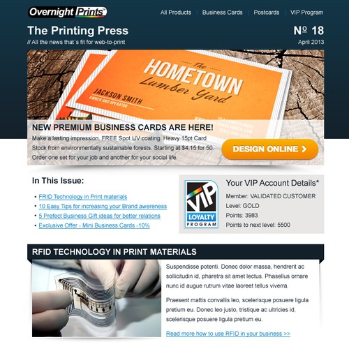 HTML design with the title 'Overnight Prints email newsletter'