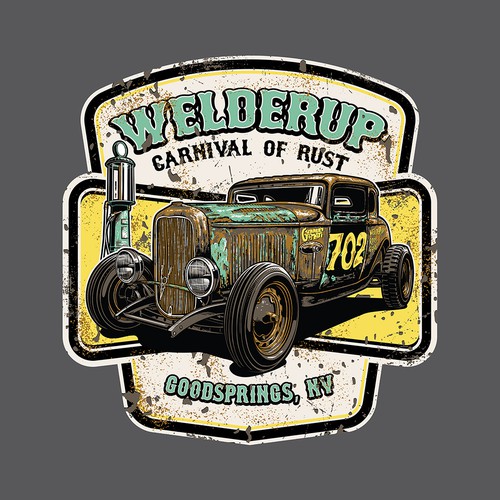 Hot rod design with the title 'Vintage 1930-40's Automotive/Motorcycle Industry Themed Design for Discovery's "Vegas Rat Rods"'