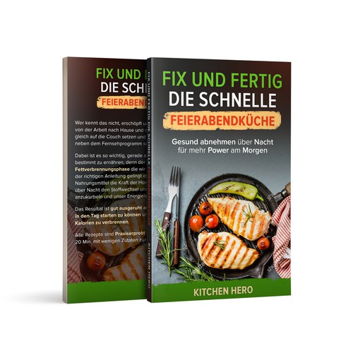 Dinner design with the title 'Juicy cover design for a book about wholesome food. A quick dinner in a short time.'