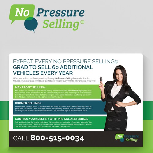 Precise design with the title 'No Pressure Selling Postcard Design'