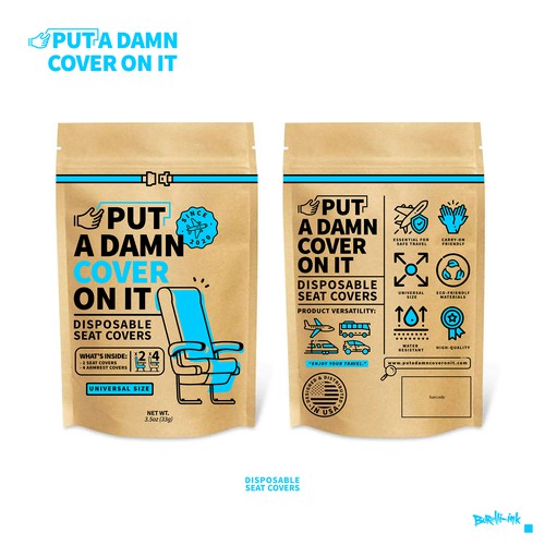 Art packaging with the title 'Disposable Airplane Seat Covers'