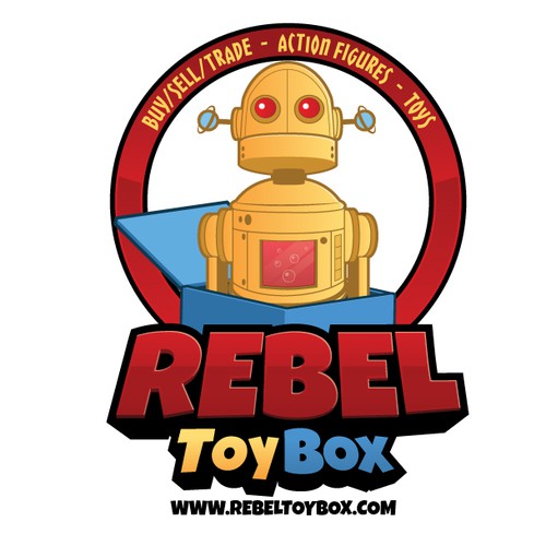 Robot logo with the title 'Rebel Toy Box'