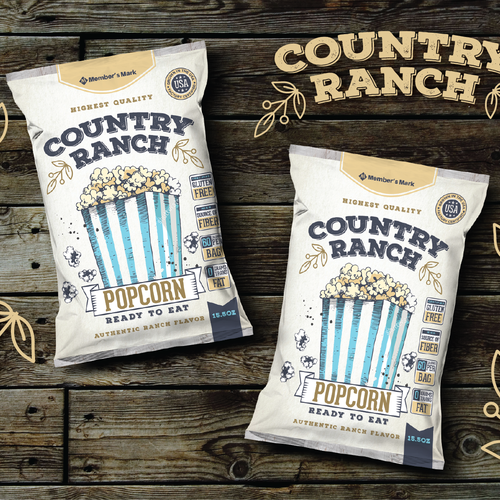 Premium packaging with the title 'Country Ranch popcorn'