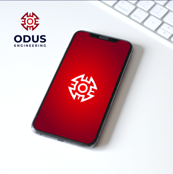 Machine design with the title 'ODUS Engineering | Engine | Engineer | Logo'