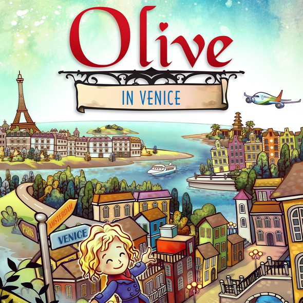 Storybook illustration with the title 'Olive in Venice'