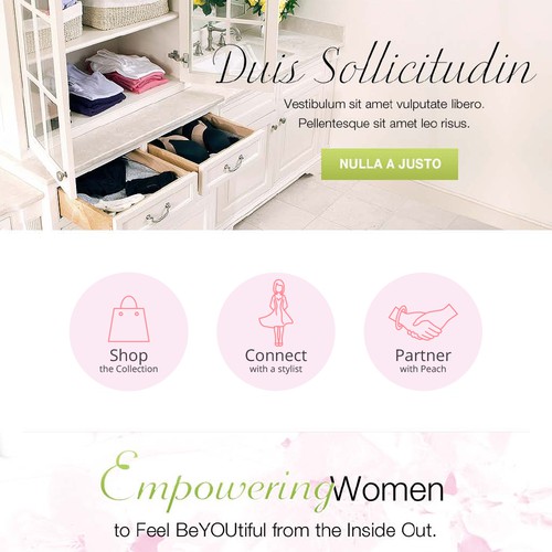 Homepage design with the title 'Create 3 clean, modern, refined, sophisticated call to action buttons on home page for Peach'