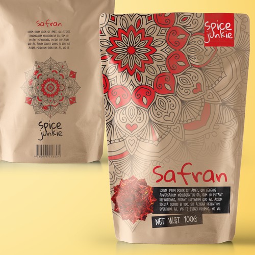 Red and black design with the title 'Spice packaging design'