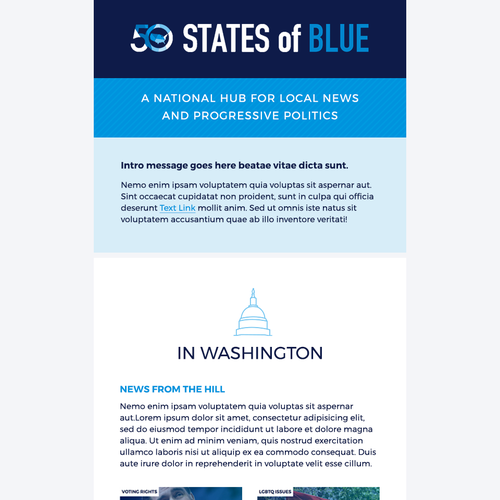 Newsletter design with the title '50 States of Blue Email Template'