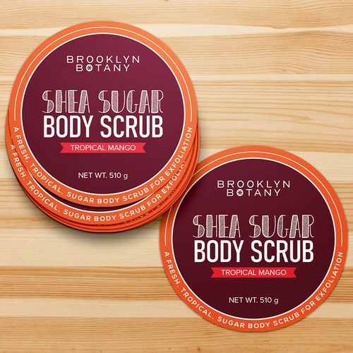 Sticker packaging with the title 'Shea Sugar Body Scrub label design'