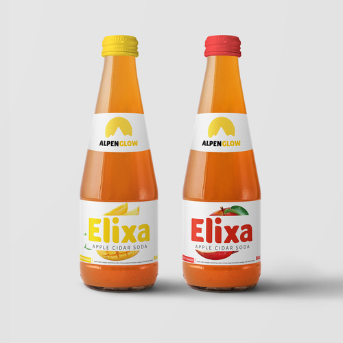 Feminine label with the title 'Alpen Glow 'Elixa' juice bottle packaging'